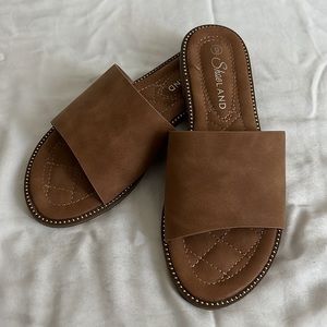 Women’s Rhinestone Embellished Tan Slip-On Slide Sandals